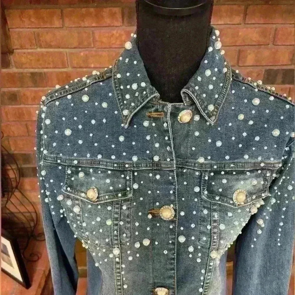 QUACKER FACTORY PEARL & RHINESTONE WESTERN BLUE DENIM JEAN JACKET SHACKET SZ S-L - Picture 5 of 15